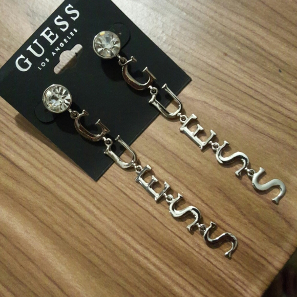 GUESS SILVER TONE LOGO EARRINGS - Picture 4 of 5
